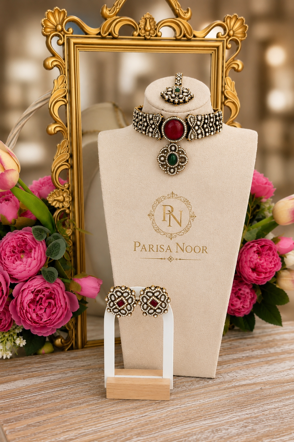 Ramesha Designer Kundan Choker Set - Red & Green