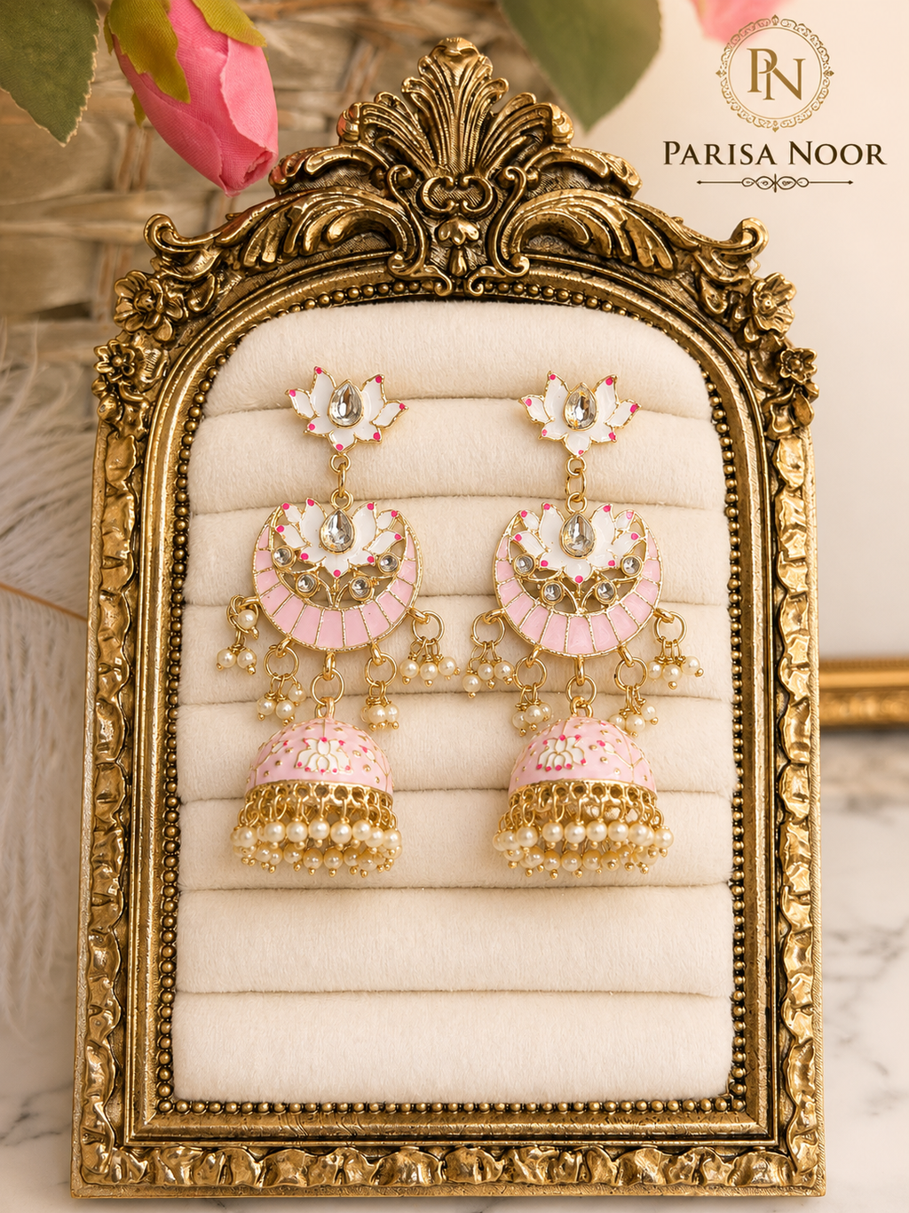 Meherza Baby Pink Meenakari Jhumki Earrings