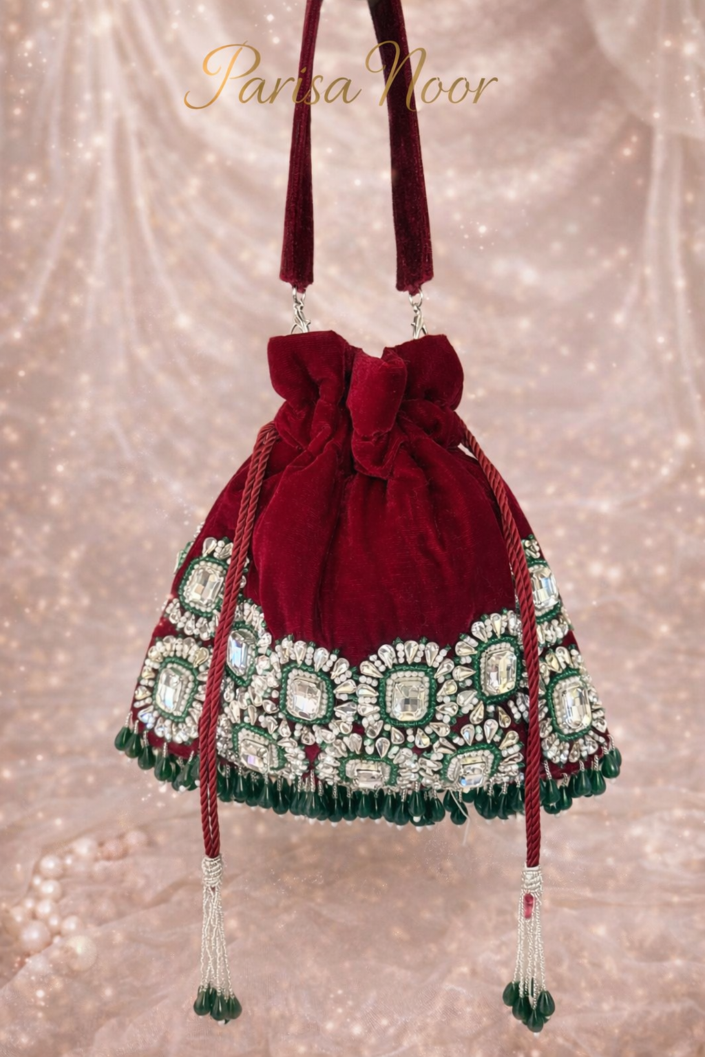 Meheunisa Maroon Velvet Green Kundan Potli