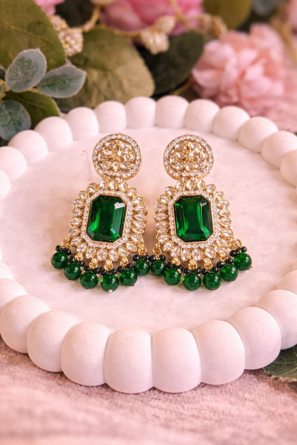 Shalimar Green Premium Polki Long Necklace with Earring and Teeka