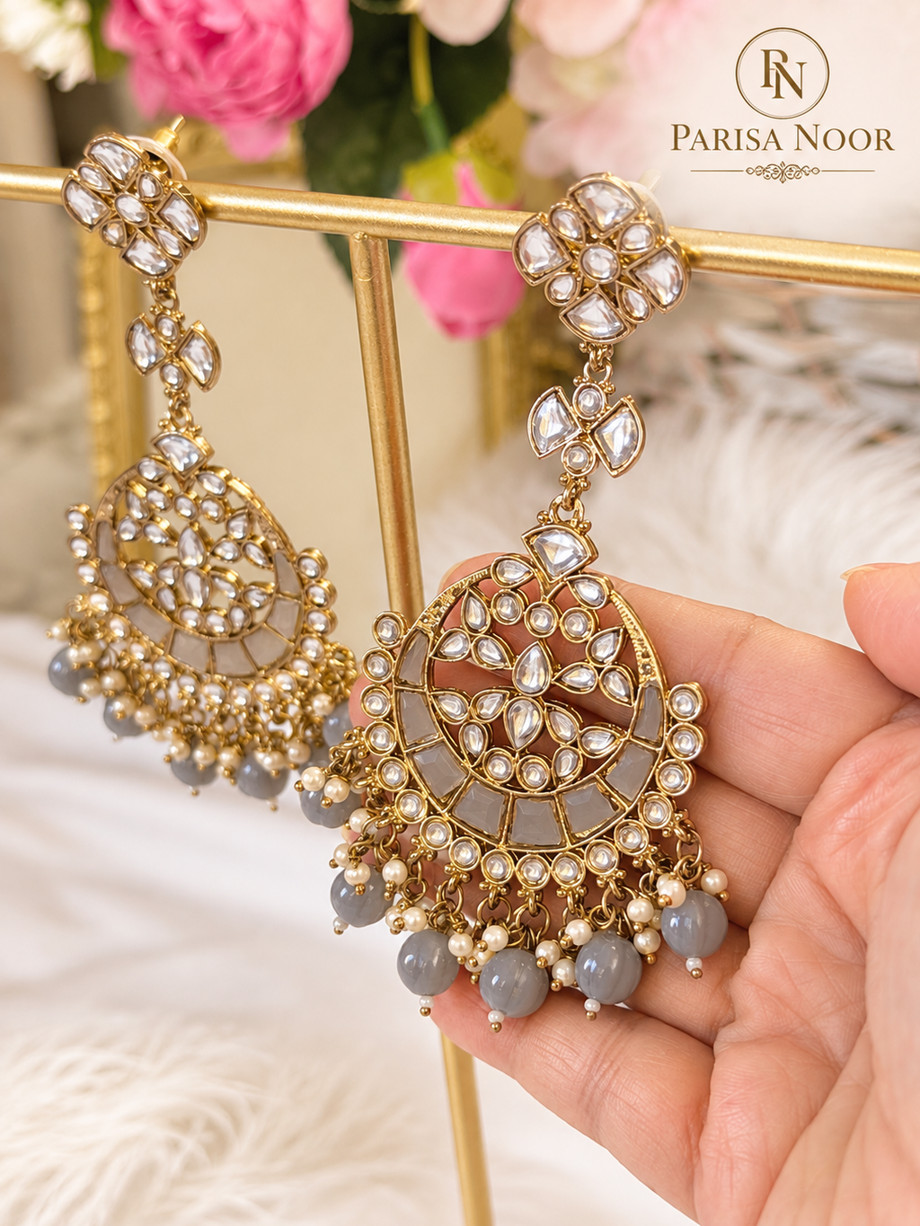 Rania Grey Chandbali Earrings – Clearance Sale