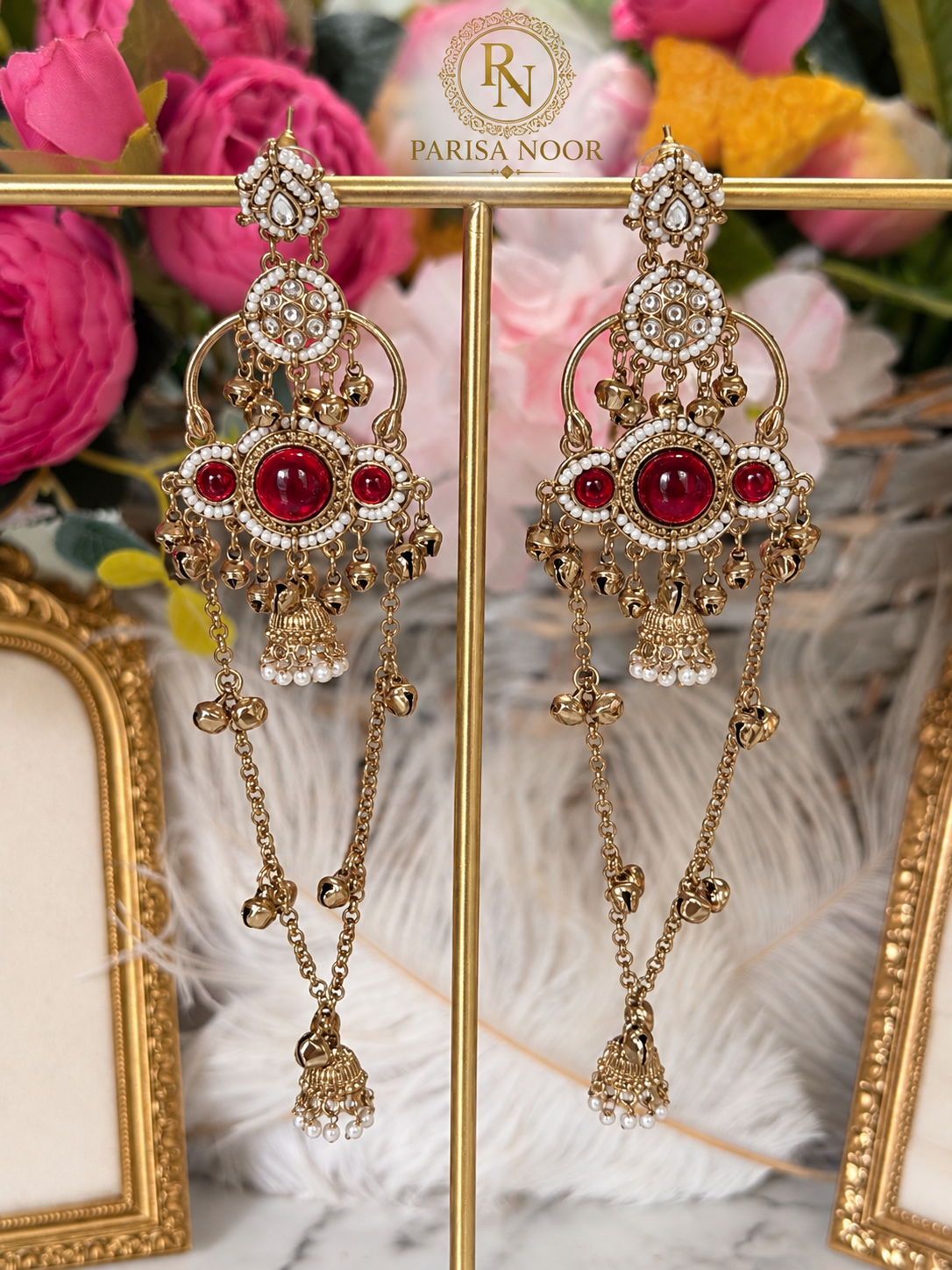 Ruhbina Ruby Champagne Gold Kashmiri Ghungru Earrings