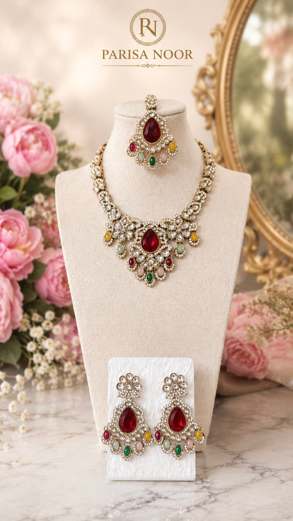 Anaya Multi Kundan Zircon Necklace Set with Teeka