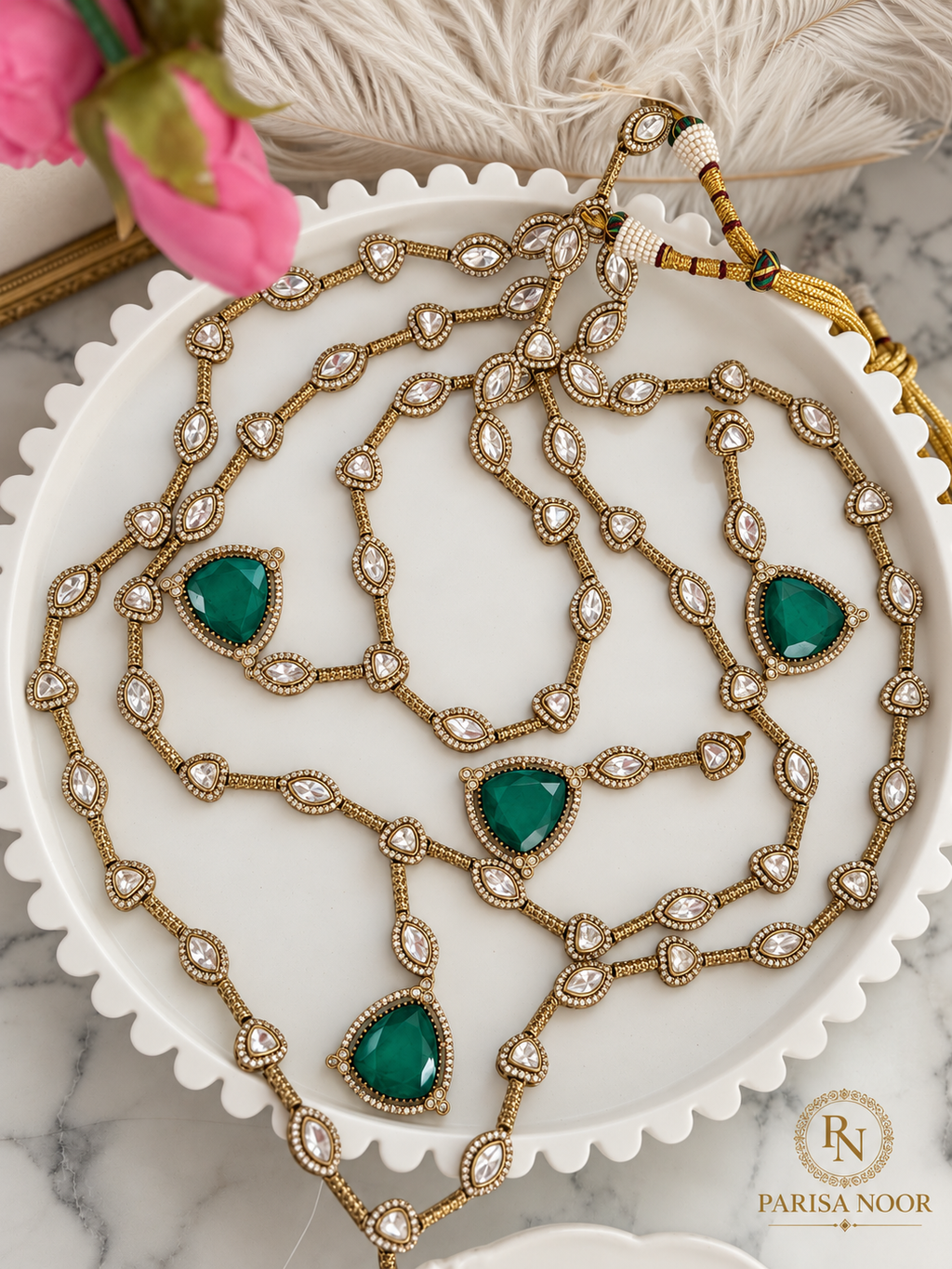 Samyukta Rajrani Emerald Layered Long Necklace Set