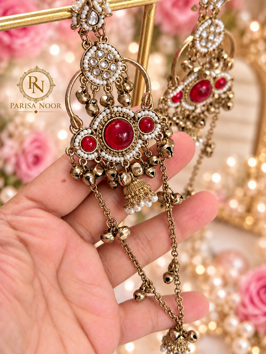 Ruhbina Ruby Champagne Gold Kashmiri Ghungru Earrings