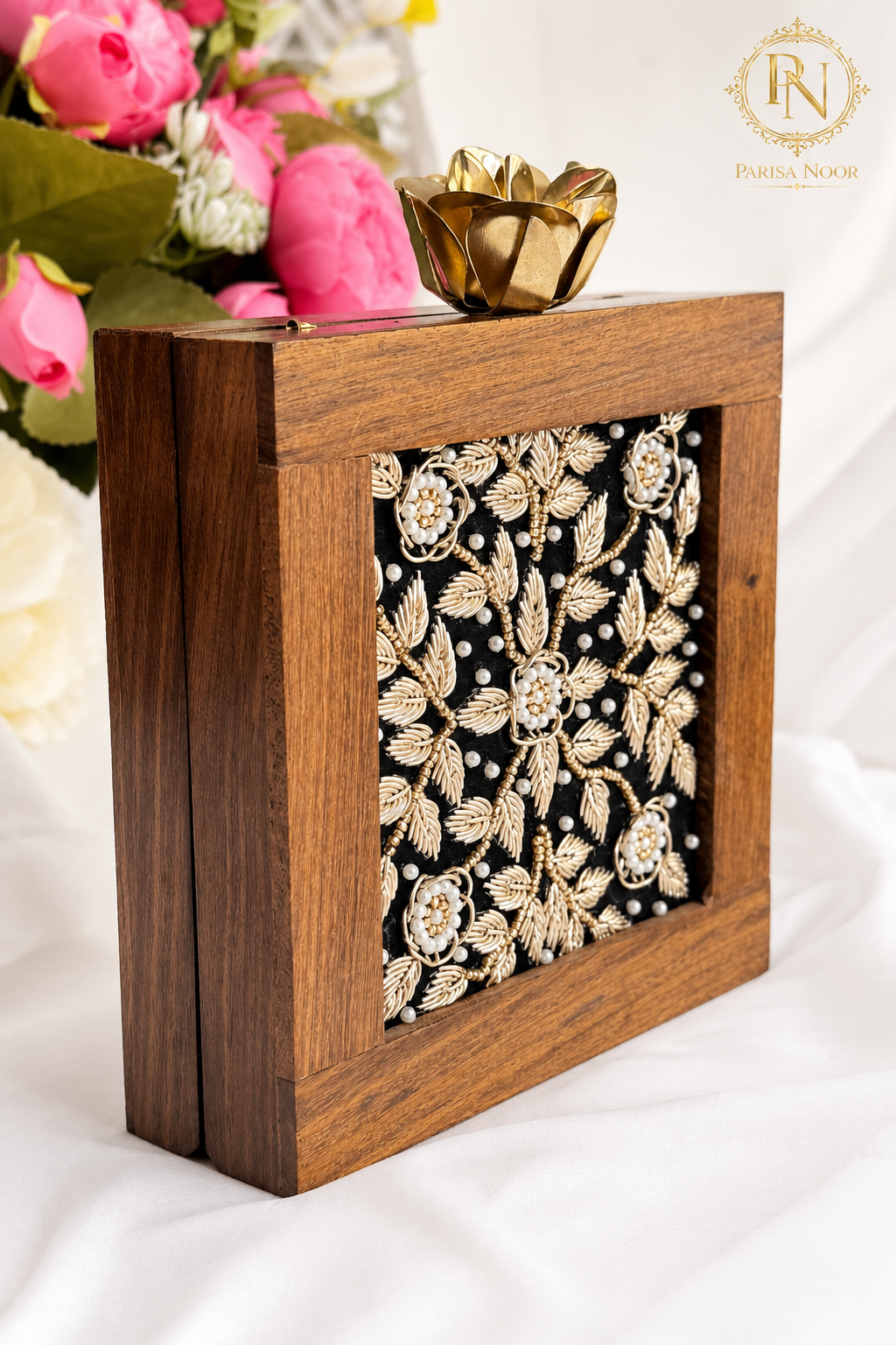 Virelle Embroidered Wooden Box Clutch