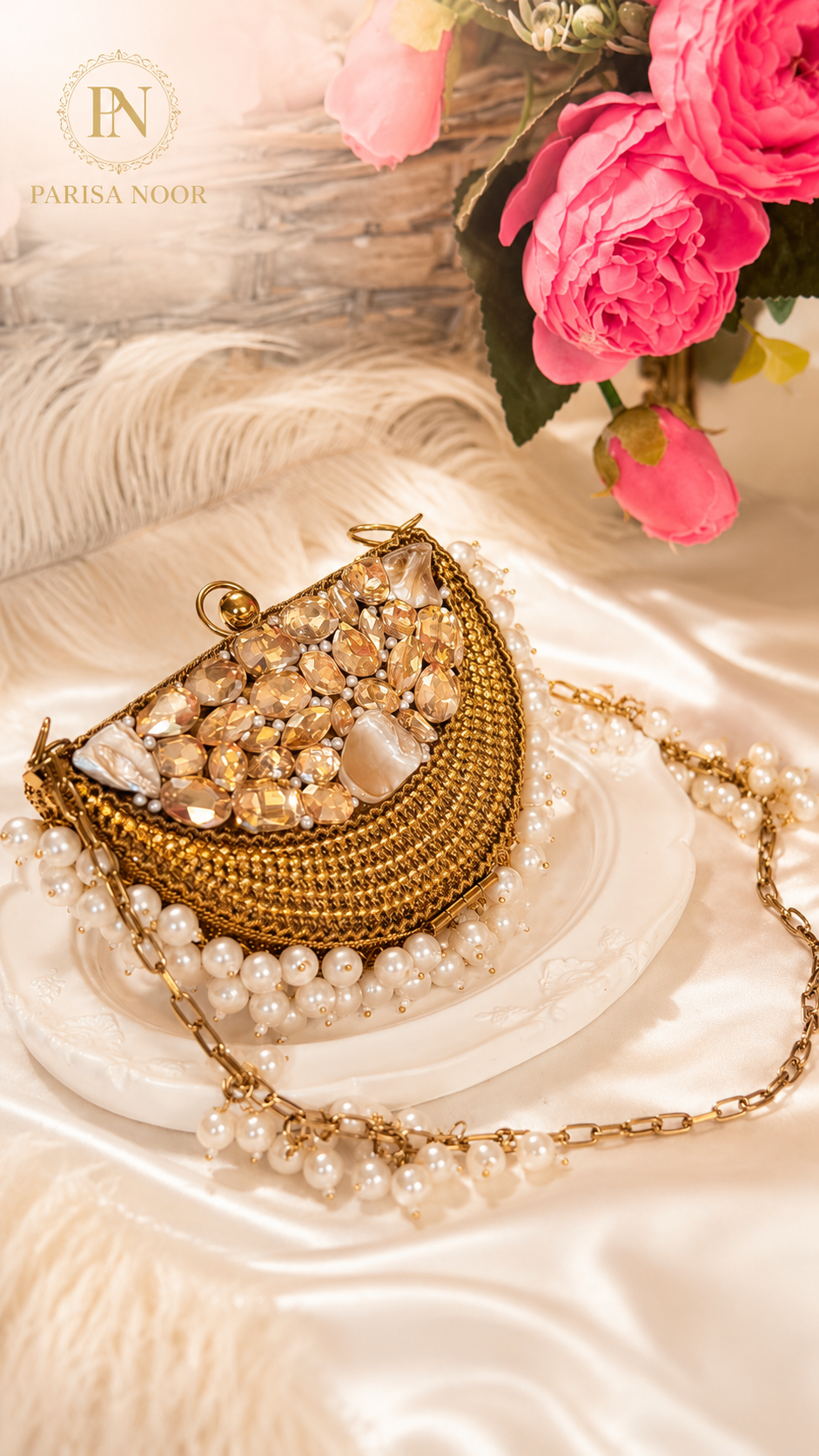 Luna Luxe Half Moon Pearl Crystal Mini Clutch