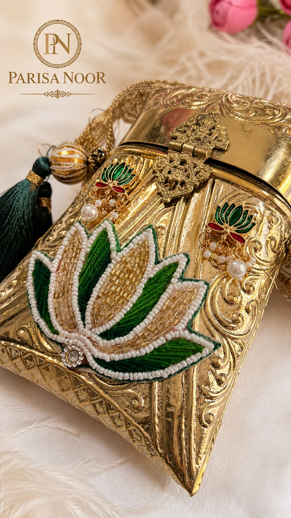 Shefali Emerald Lotus Brass Clutch Handbag