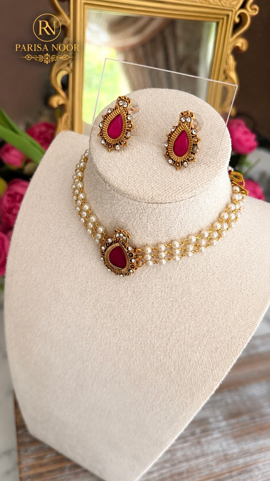 Charu Dainty Pearl Ruby Pink Choker Set