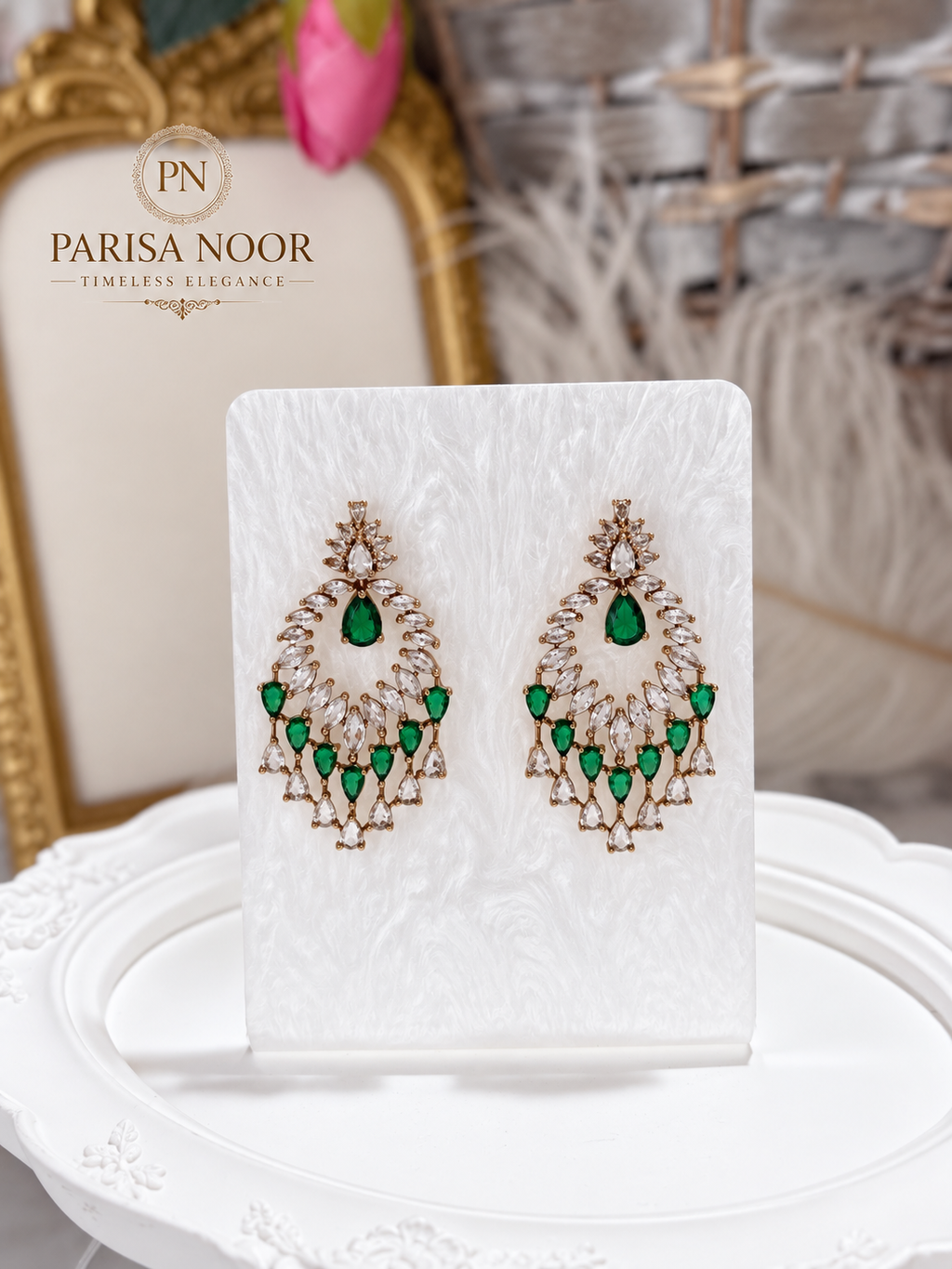 Avelora Layered Emerald Victorian AD Necklace Set