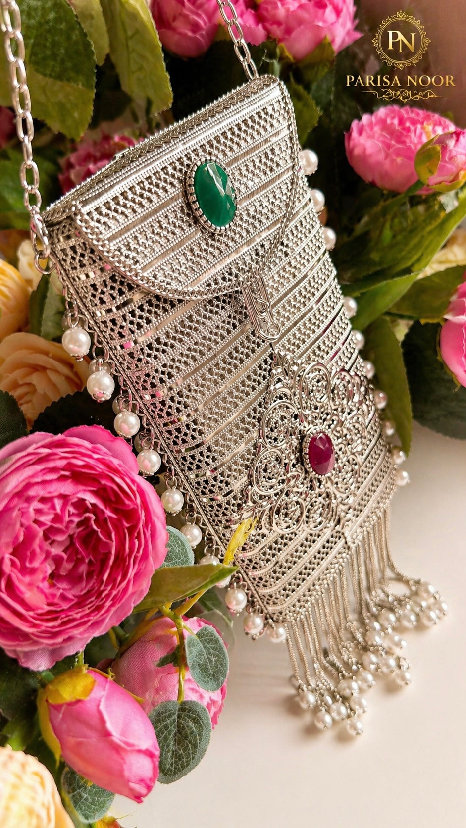Archie Brass Mobile Silver Clutch