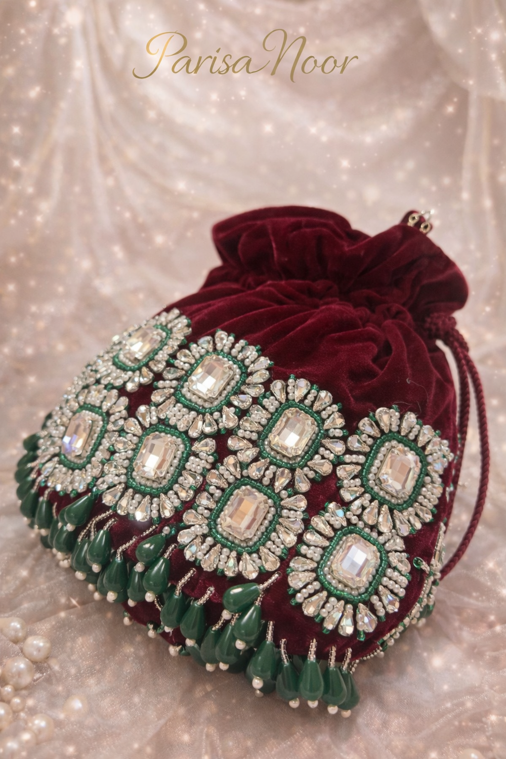 Meheunisa Maroon Velvet Green Kundan Potli