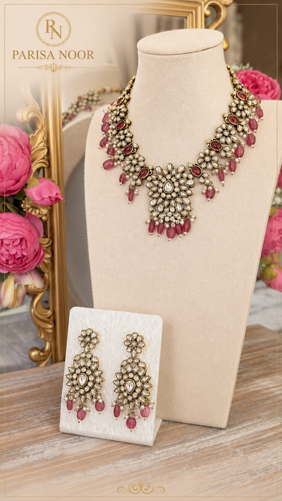 Monalisa Rose Pink Kundan Necklace Set