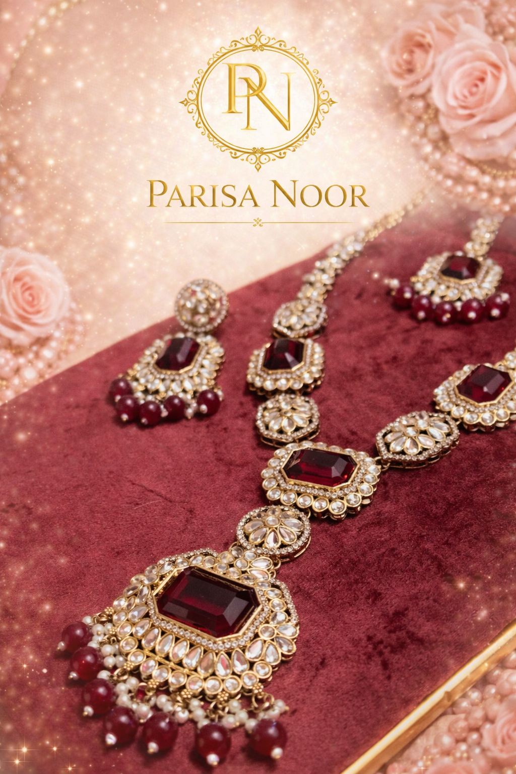 Shalimar Red Premium Polki Long Necklace with Earring and Teeka