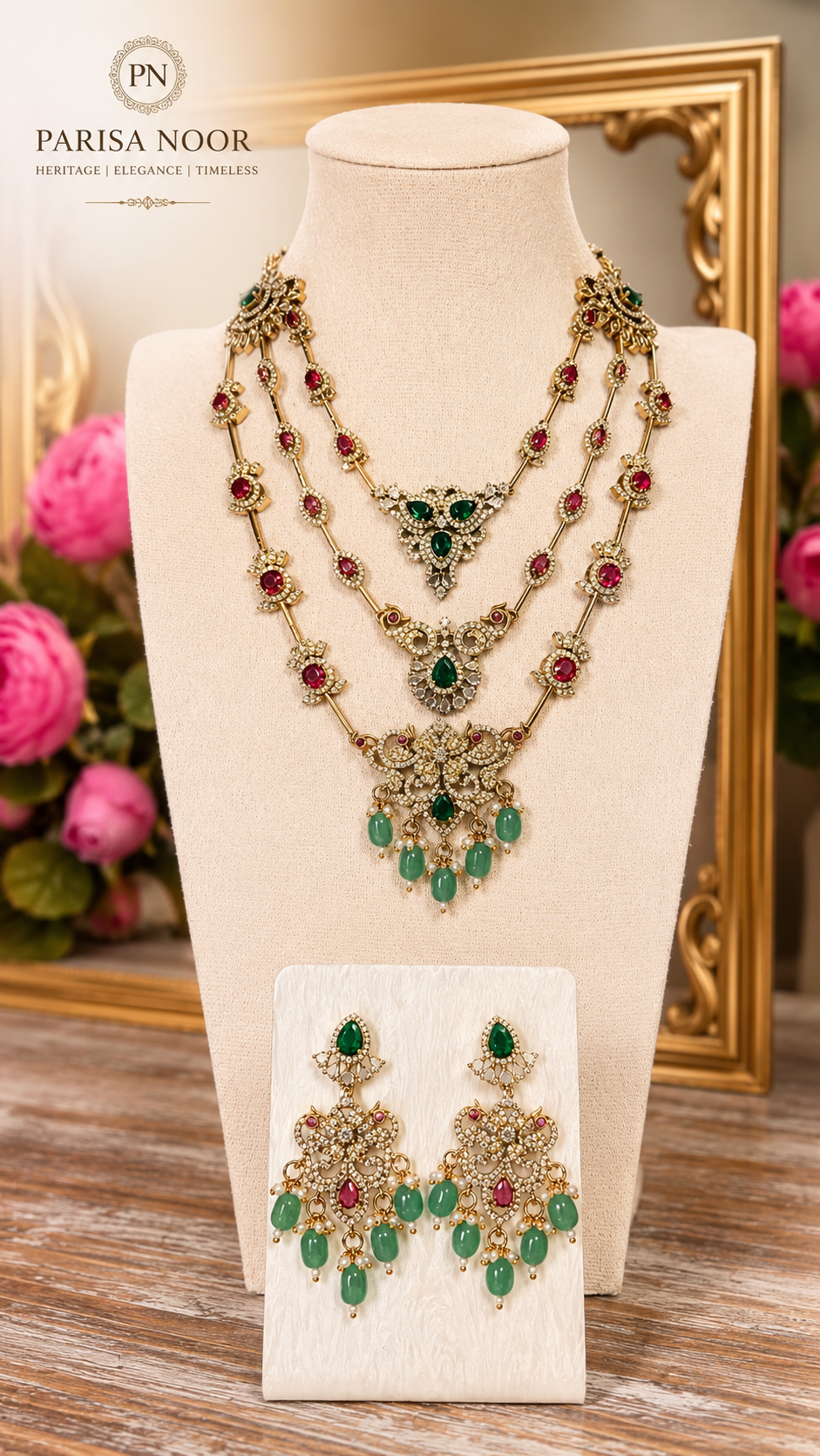 Qaynat Victorian Three Layer Semi Long Necklace Set