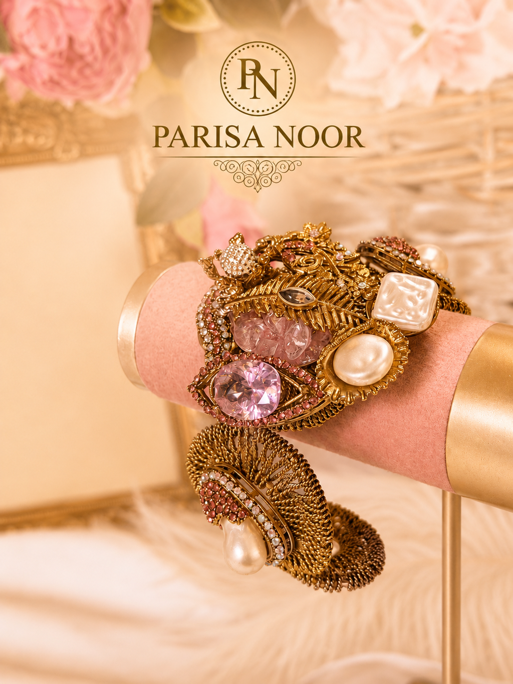 Lale Luxury Turkish Pearl & Rose Cuff Bangle