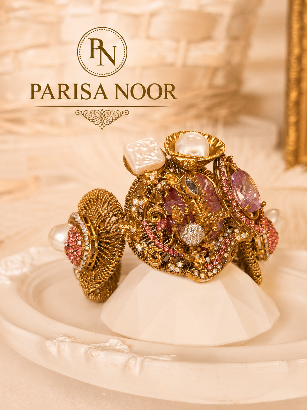 Lale Luxury Turkish Pearl & Rose Cuff Bangle