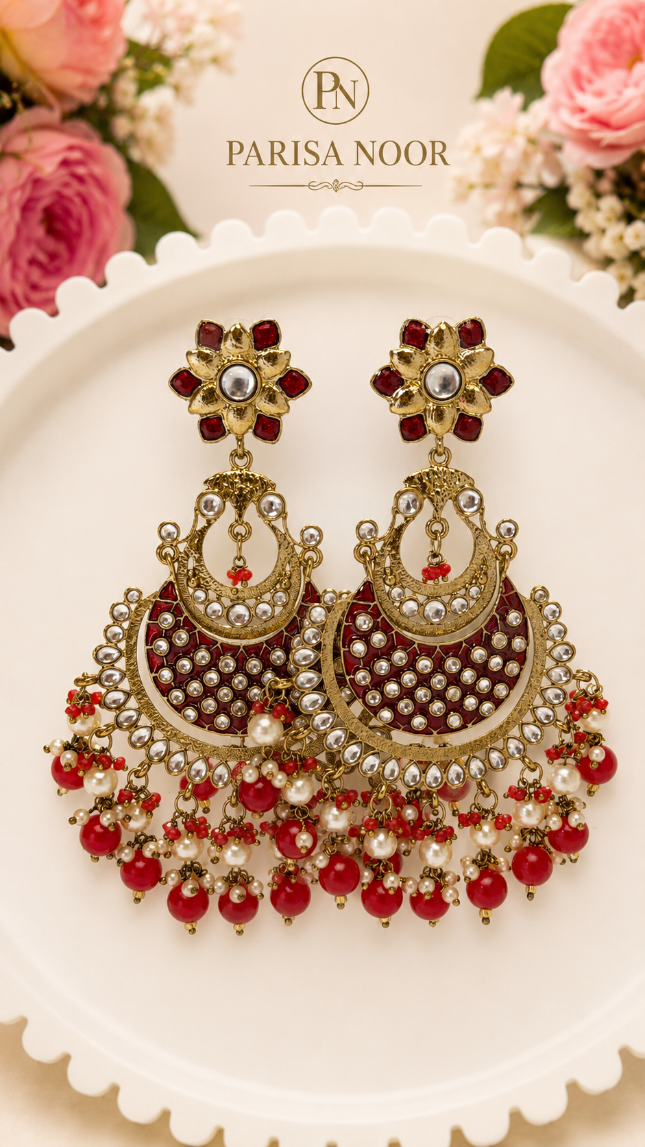 Rania Kundan Meenakari Chandbali Earrings Ruby Red
