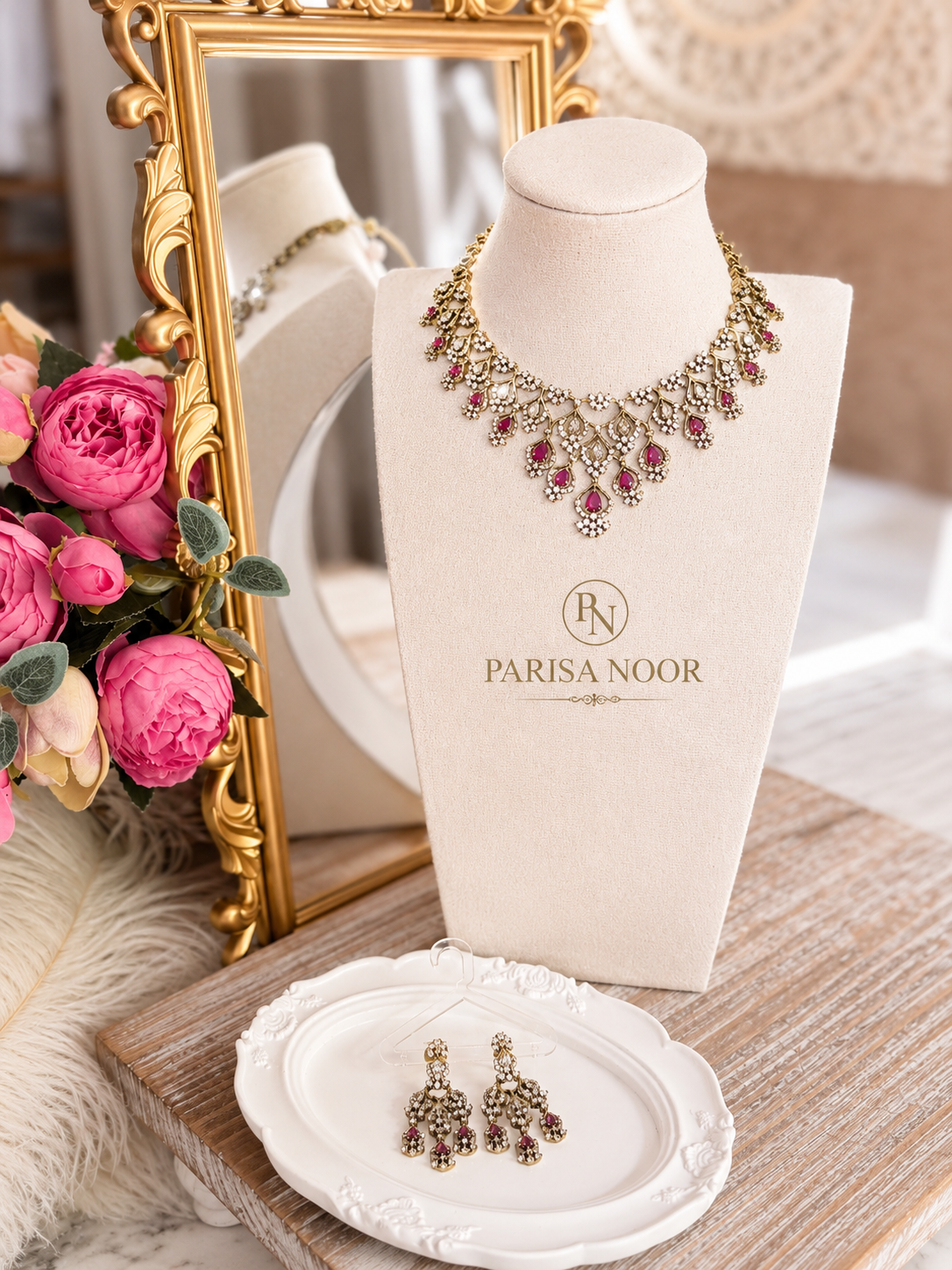 Rubaab Victorian Moissanite Necklace Set – Ruby Pink