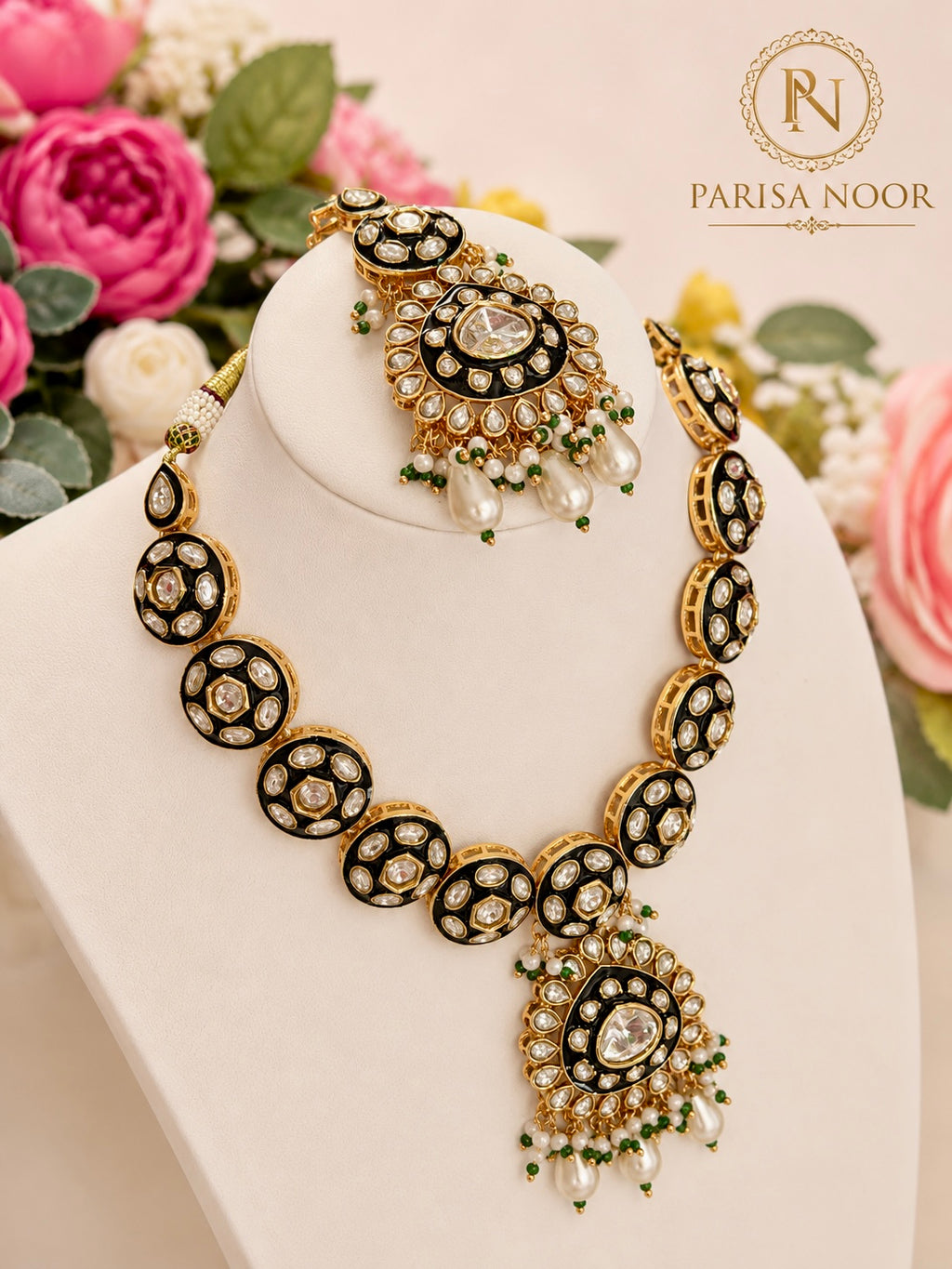 Vanya Meenakari Kundan Green Necklace Set