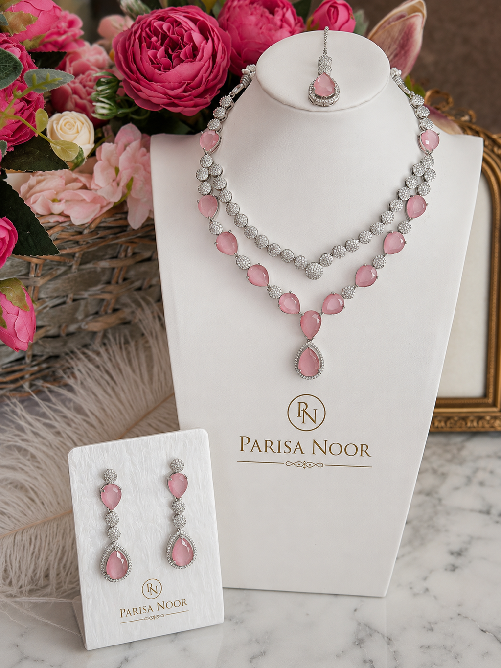 Aarini Luxury Pink AD Necklace Set