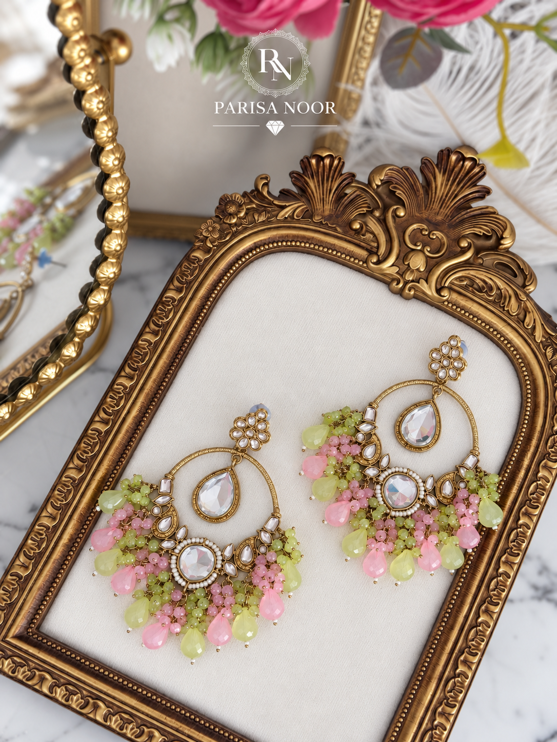 Zelina Mint & Pink Kundan Beaded Chandbali Earrings