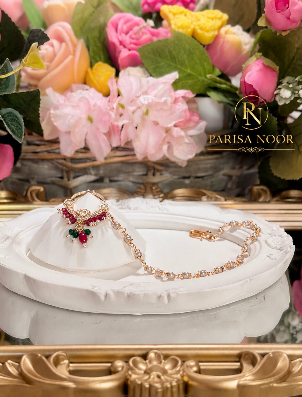 Saakhi Moissanite Nose Ring with Pearl Chain