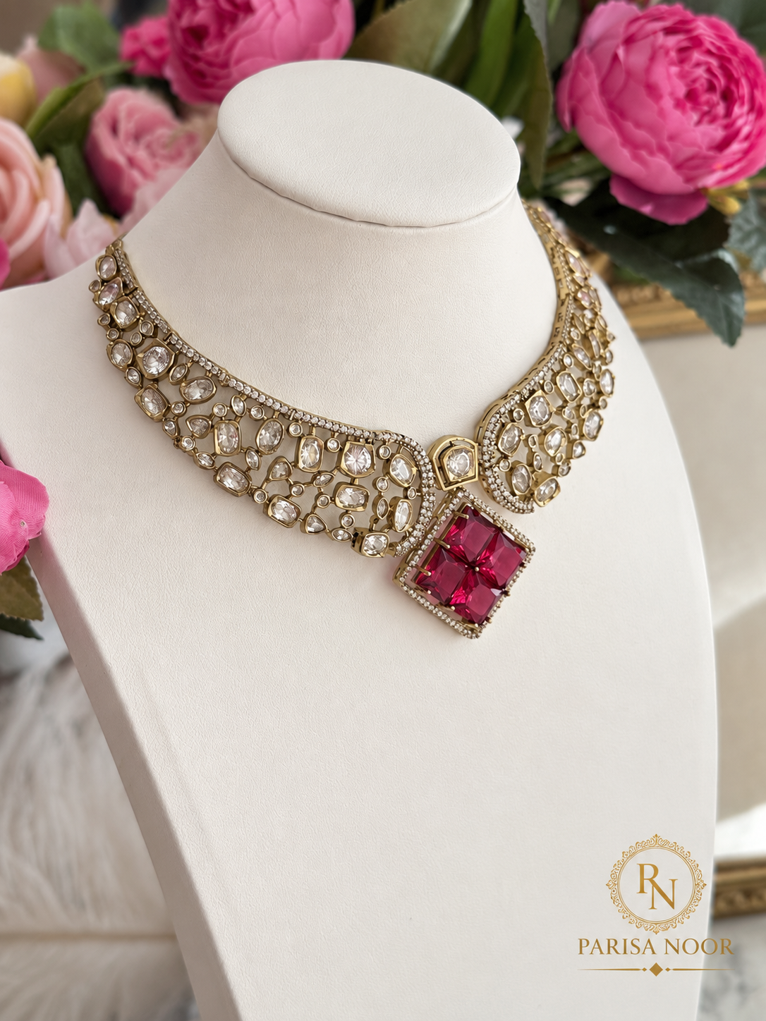 Ruvanya Ruby Red Luxury Designer Necklace Set