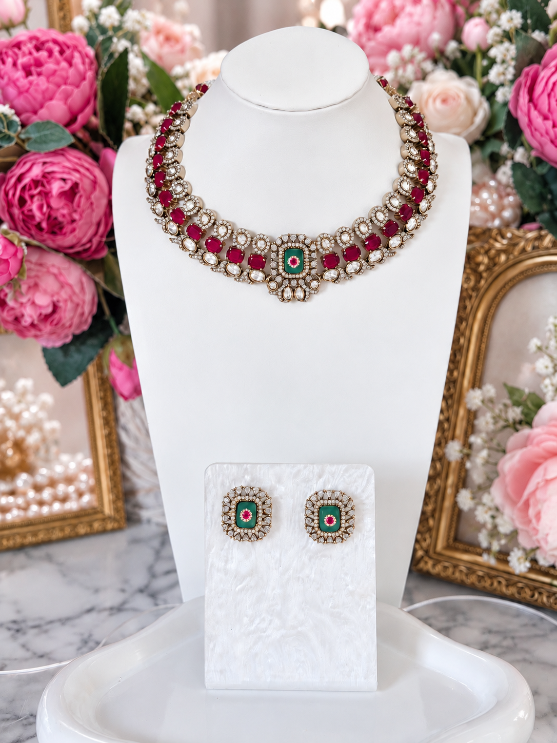 Elvaira Ruby Pink & Mint Green Premium Victorian Designer Necklace Set
