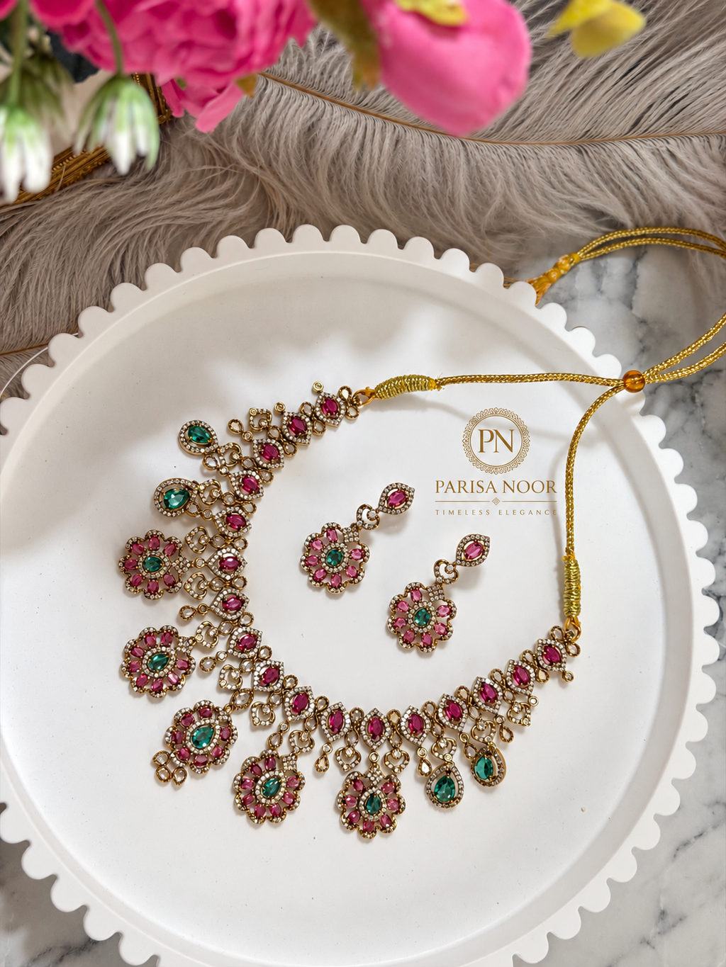 Ravisha Designer Premium Victorian AD Moissanite Necklace Set