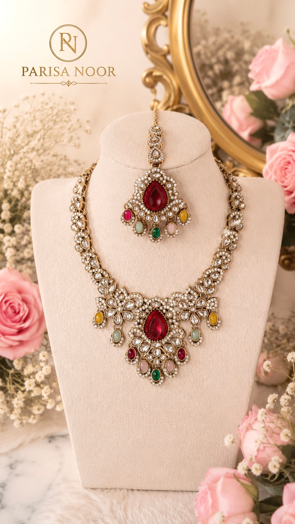 Anaya Multi Kundan Zircon Necklace Set with Teeka