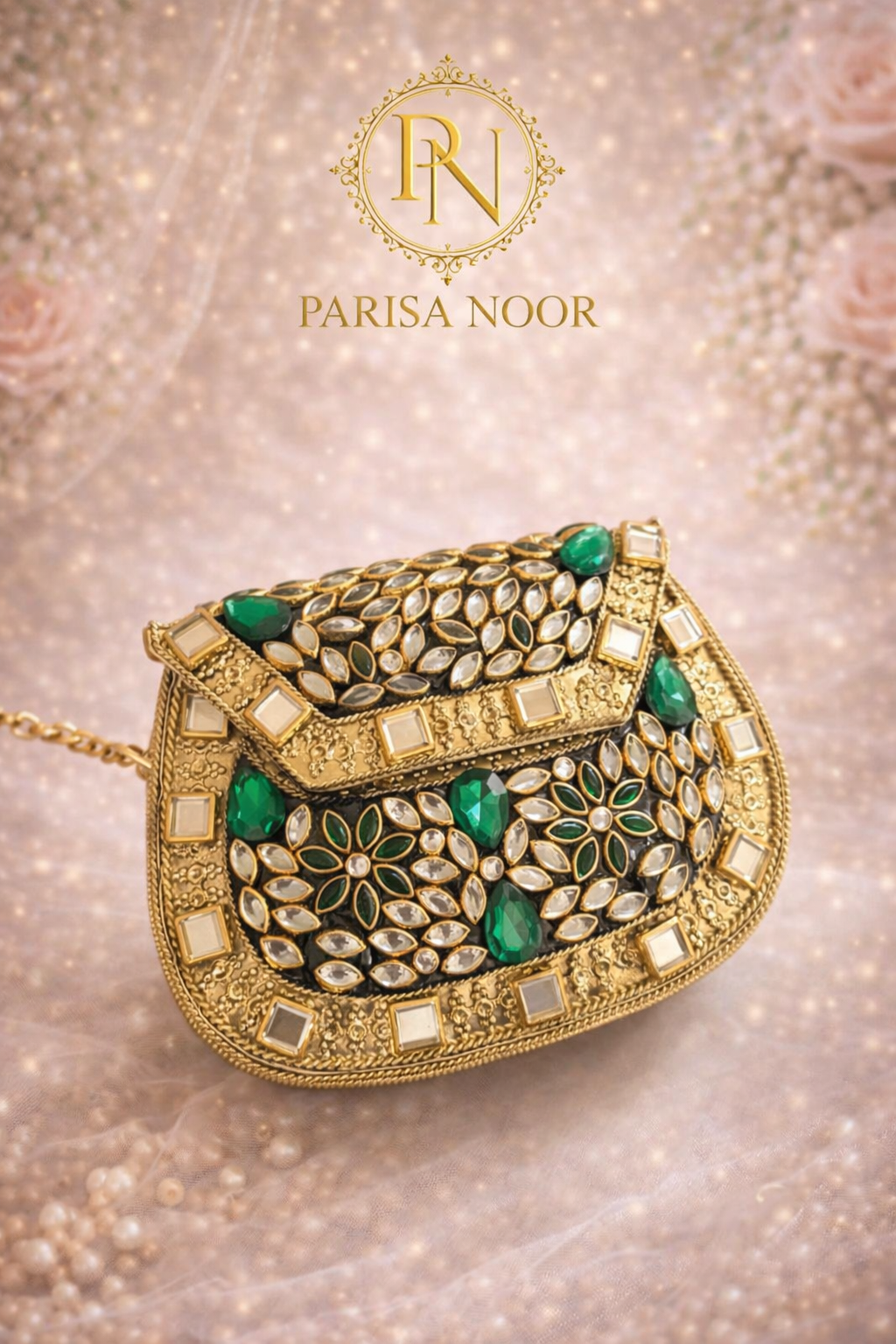 Jessica Kundan Brass Clutch Mini Green