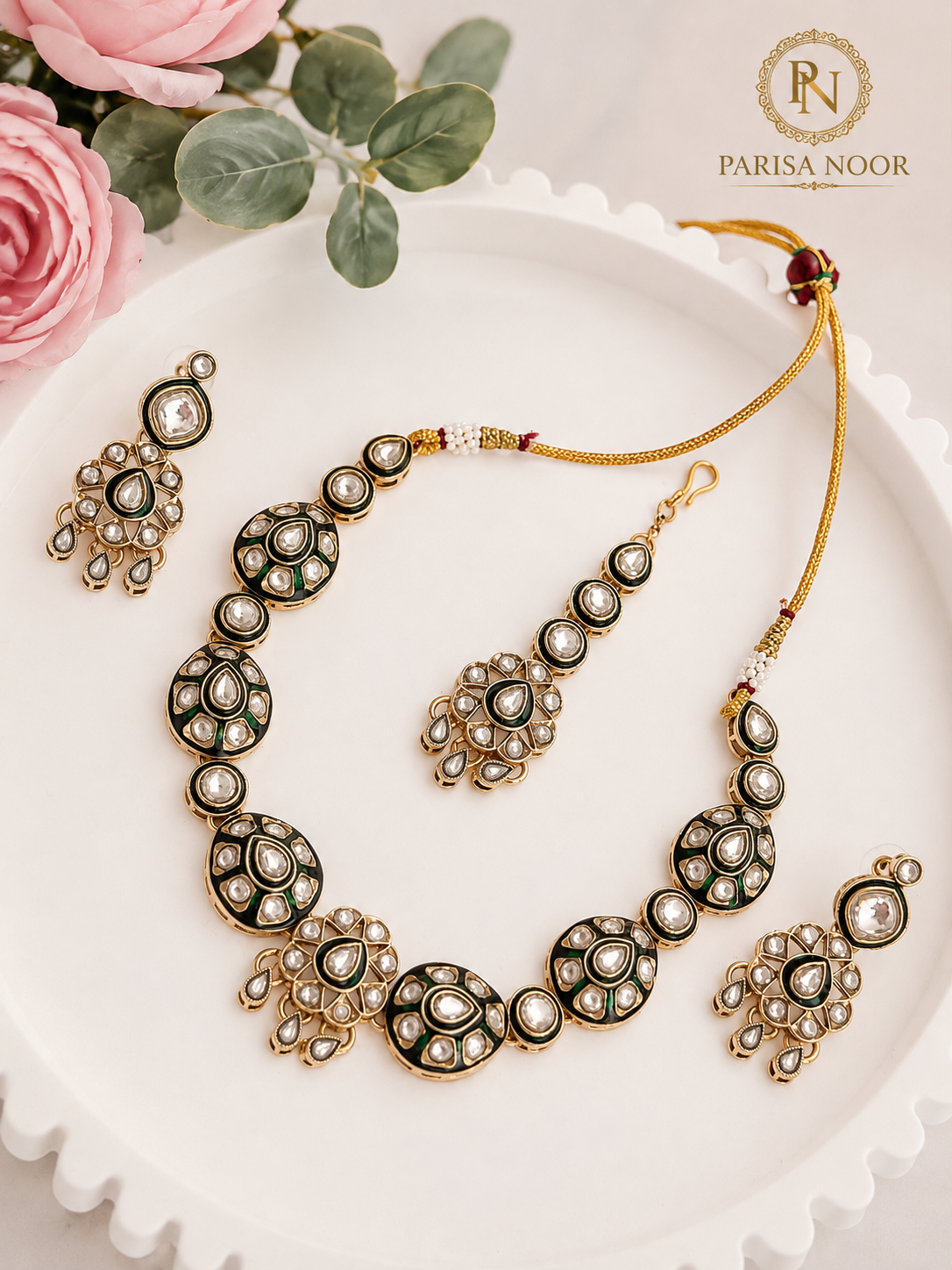 Meherza Kundan Meenakari Green Necklace Set