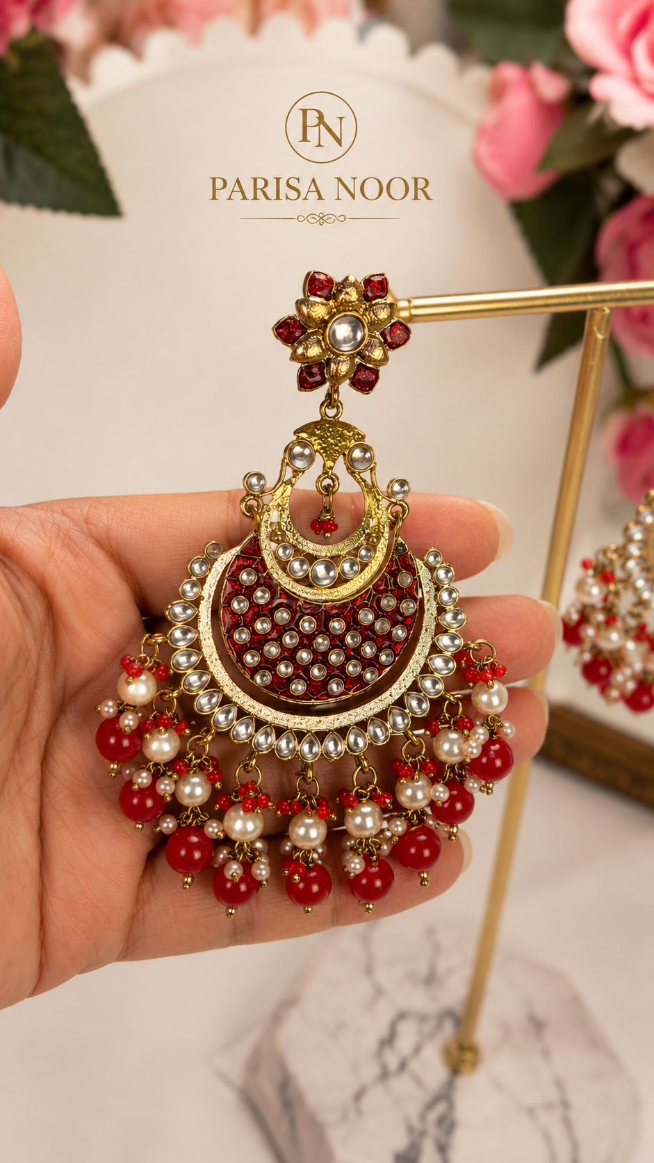 Rania Kundan Meenakari Chandbali Earrings Ruby Red