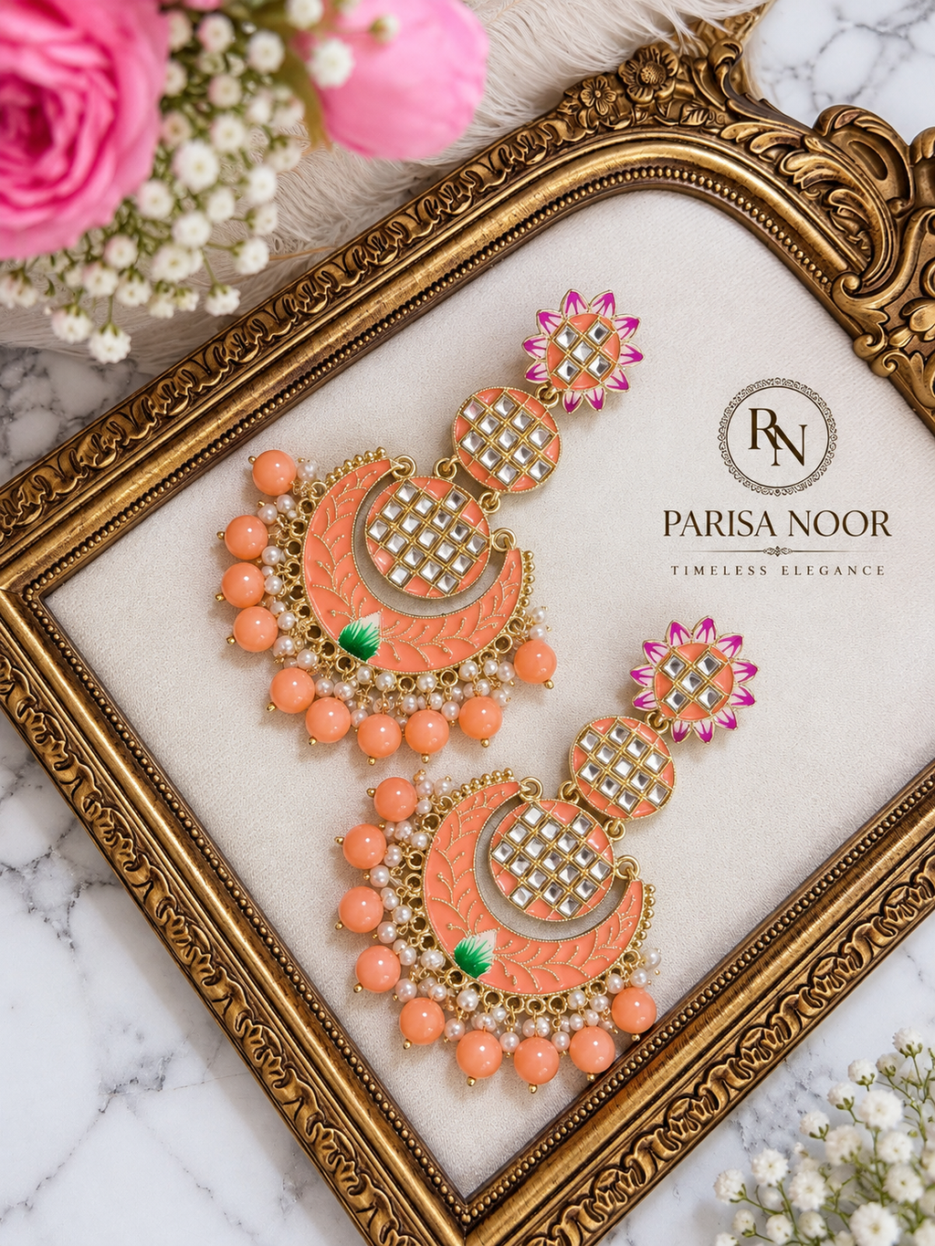 Aarohi Peach Meenakari Statement Earrings