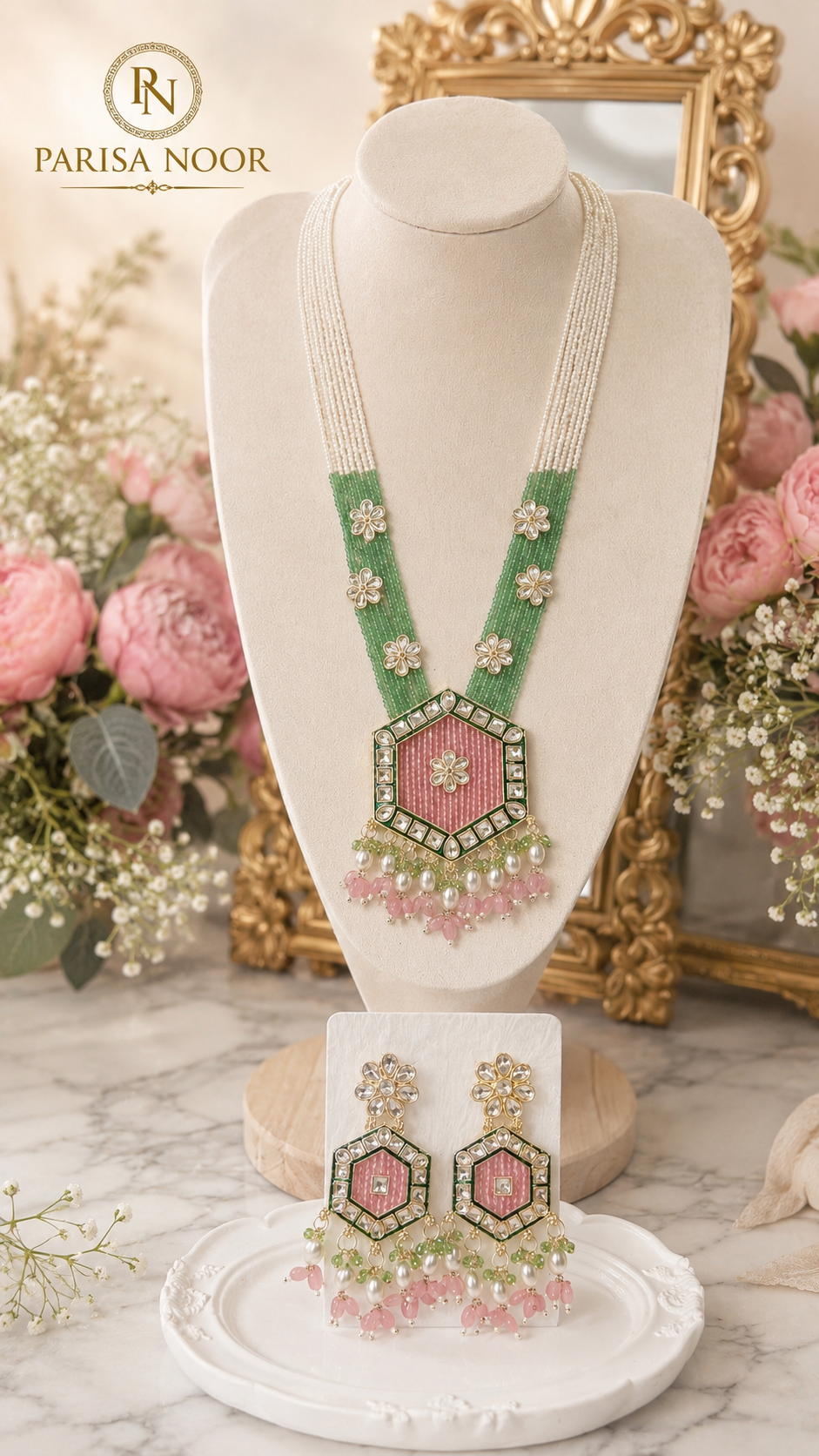 Monica Blush Mint Neelika Long Necklace Set with Earring
