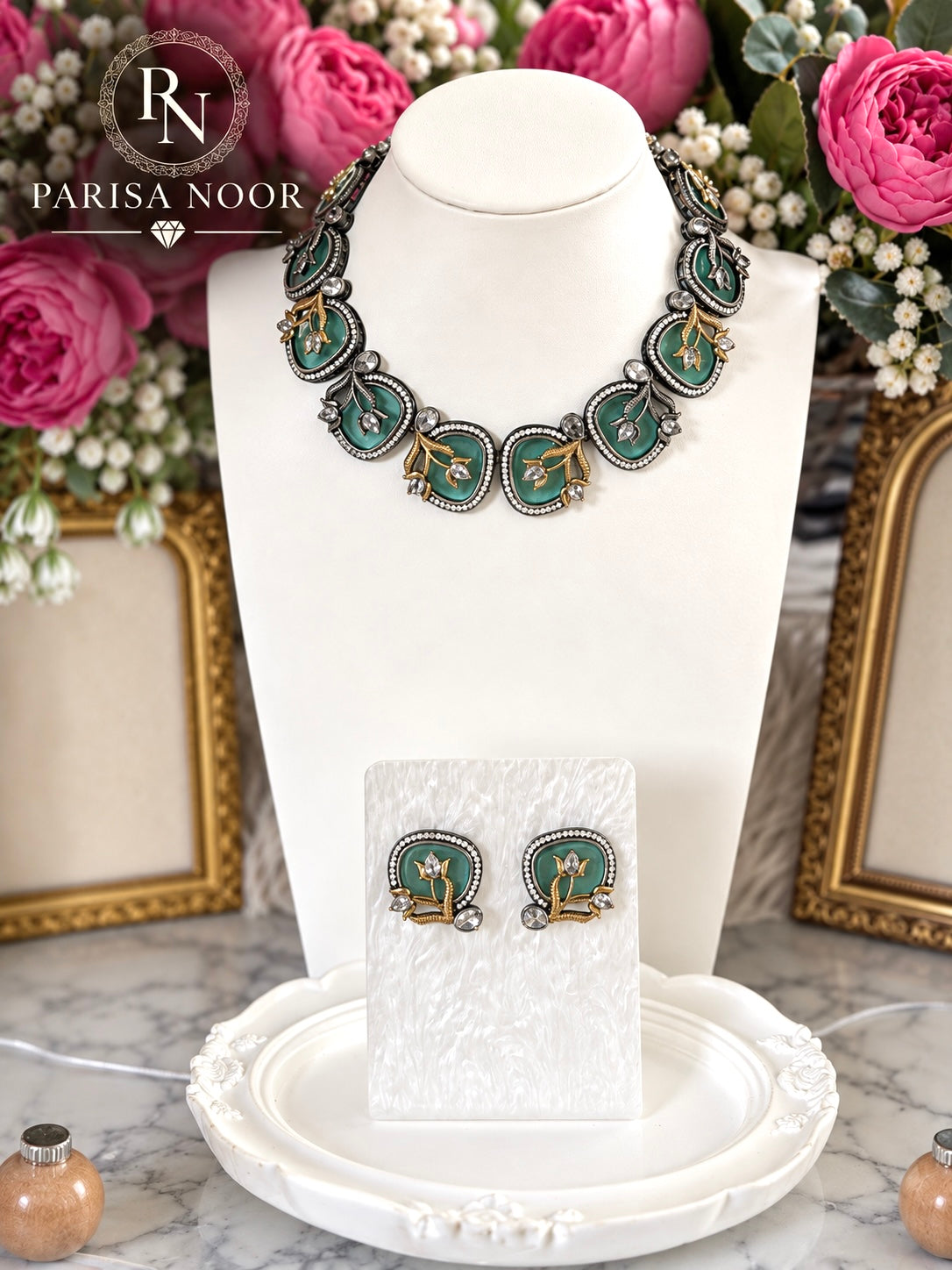 Zelvaya Teal Botanical Designer Necklace Set
