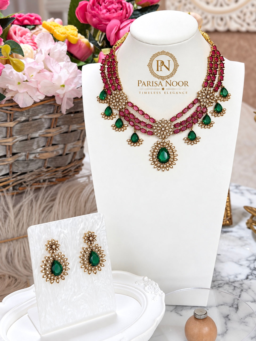 Zarisha Ruby Pink Emerald Designer Necklace Set