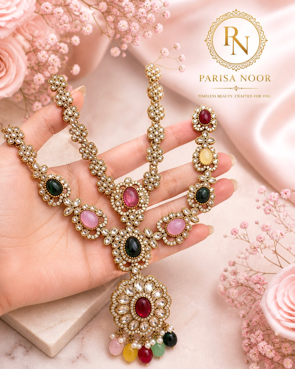 Naveli Multi Premium Layer Kundan Long Necklace with Earring and Mangteeka