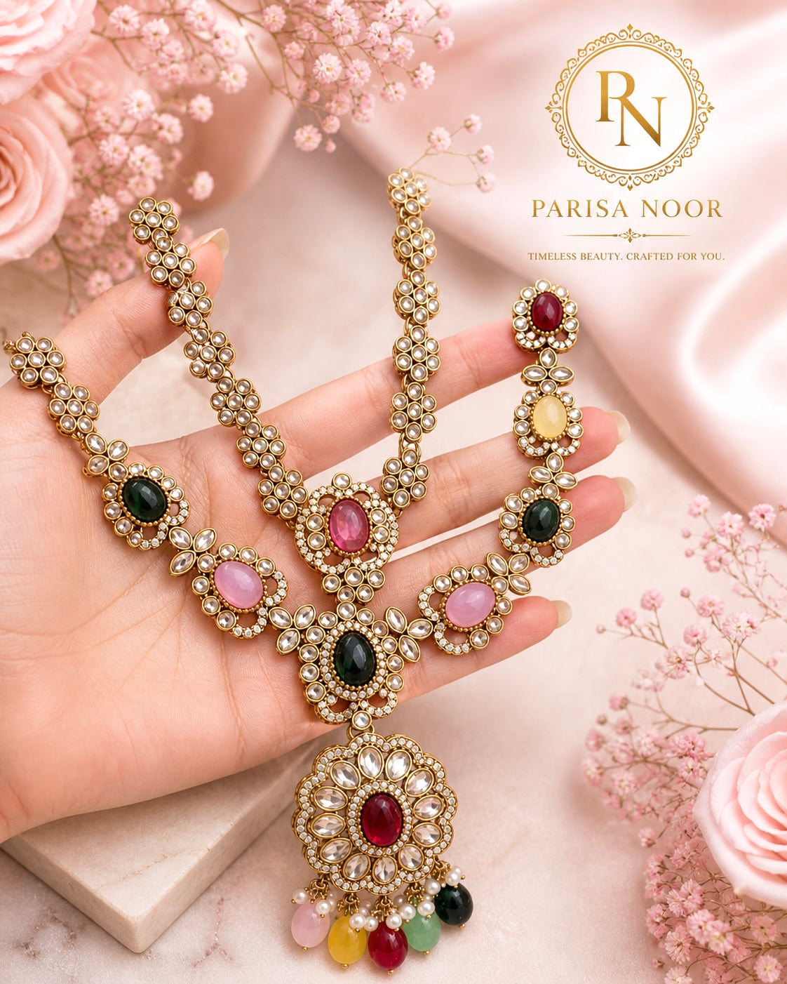 Naveli Multi Premium Layer Kundan Long Necklace with Earring and Mangteeka