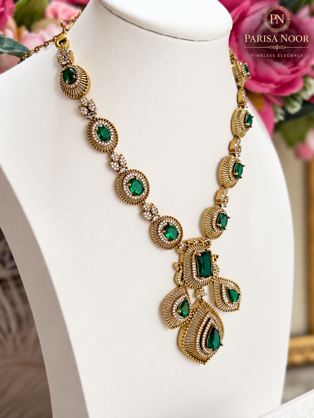 Kashira Green Heritage AD Semi-Long Necklace Set