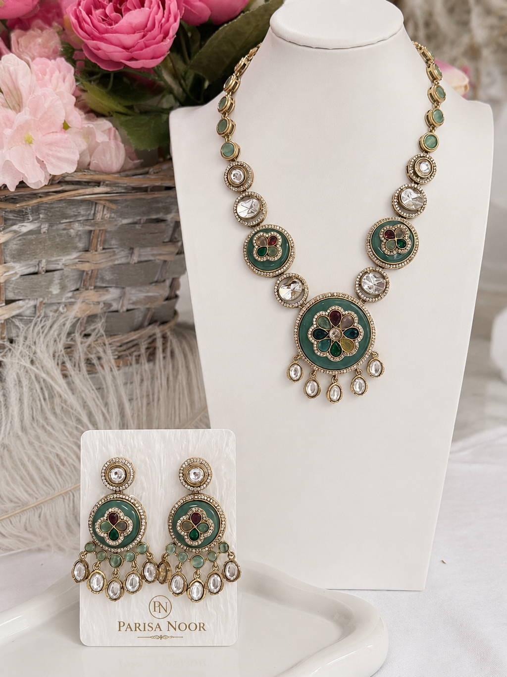 Meherza Mint Multicolour Designer Semi-Long Necklace Set