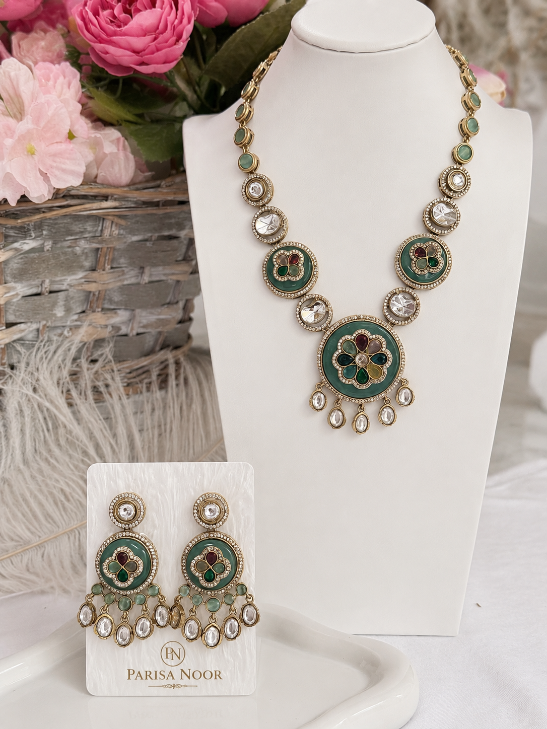 Meherza Mint Multicolour Designer Semi-Long Necklace Set