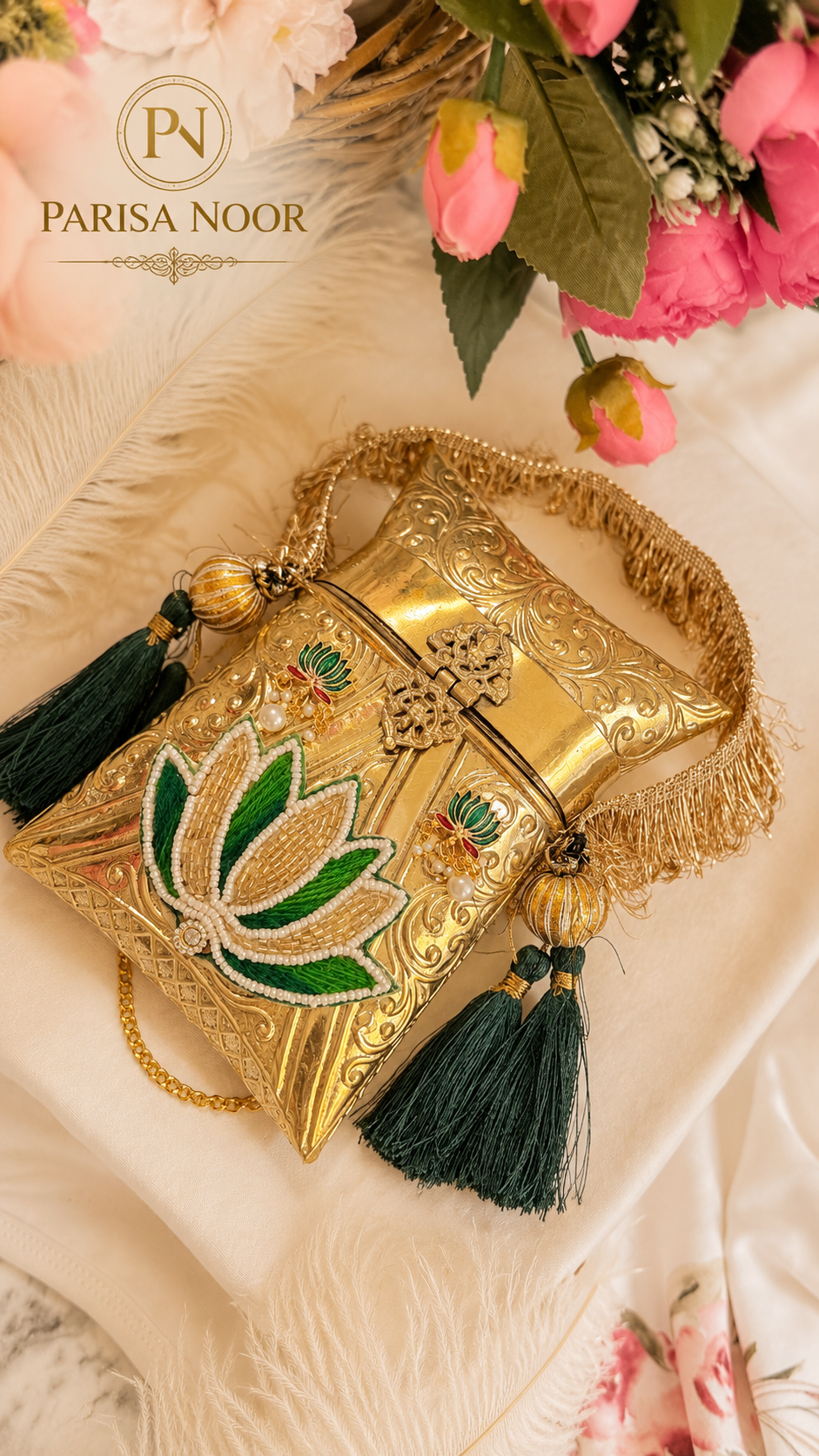Shefali Emerald Lotus Brass Clutch Handbag