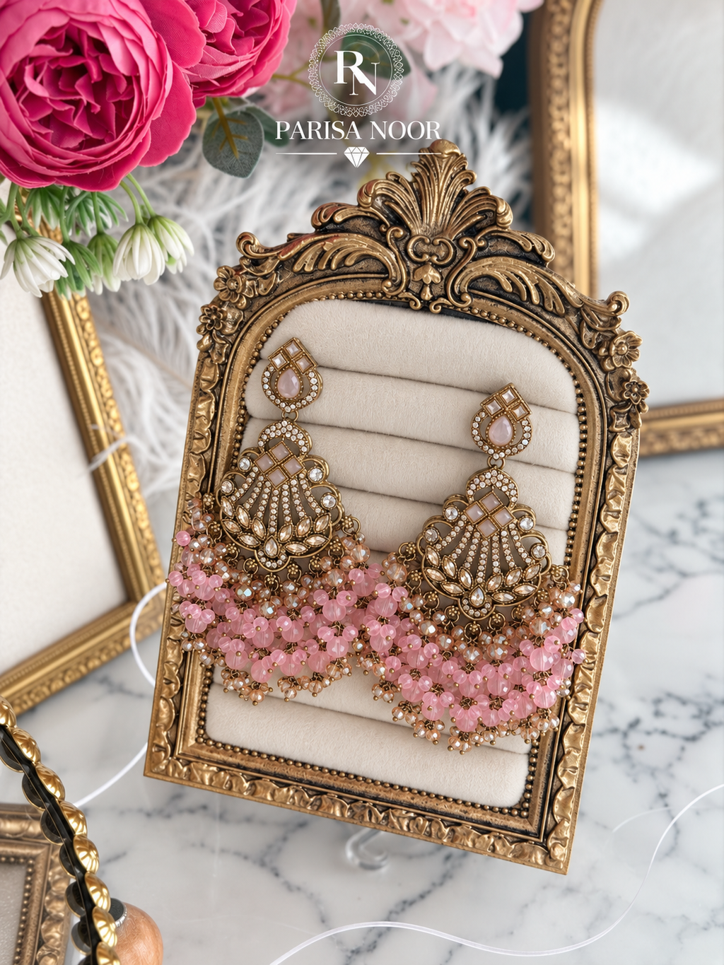 Inara Pink Kundan Beaded Chandbali Earrings