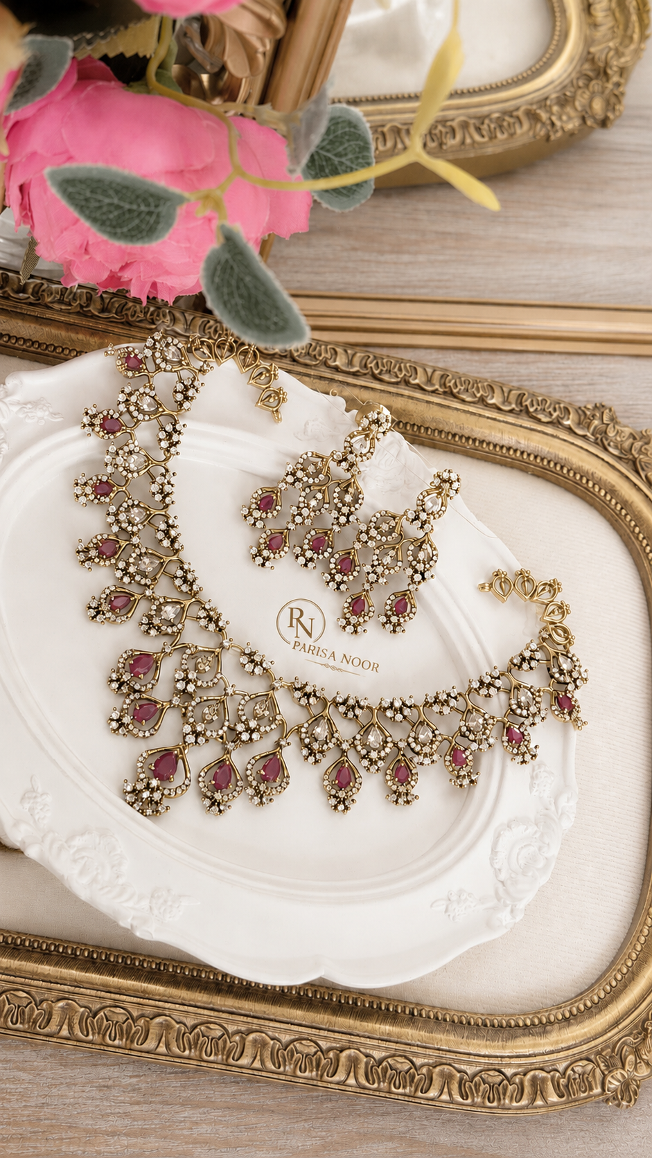 Rubaab Victorian Moissanite Necklace Set – Ruby Pink
