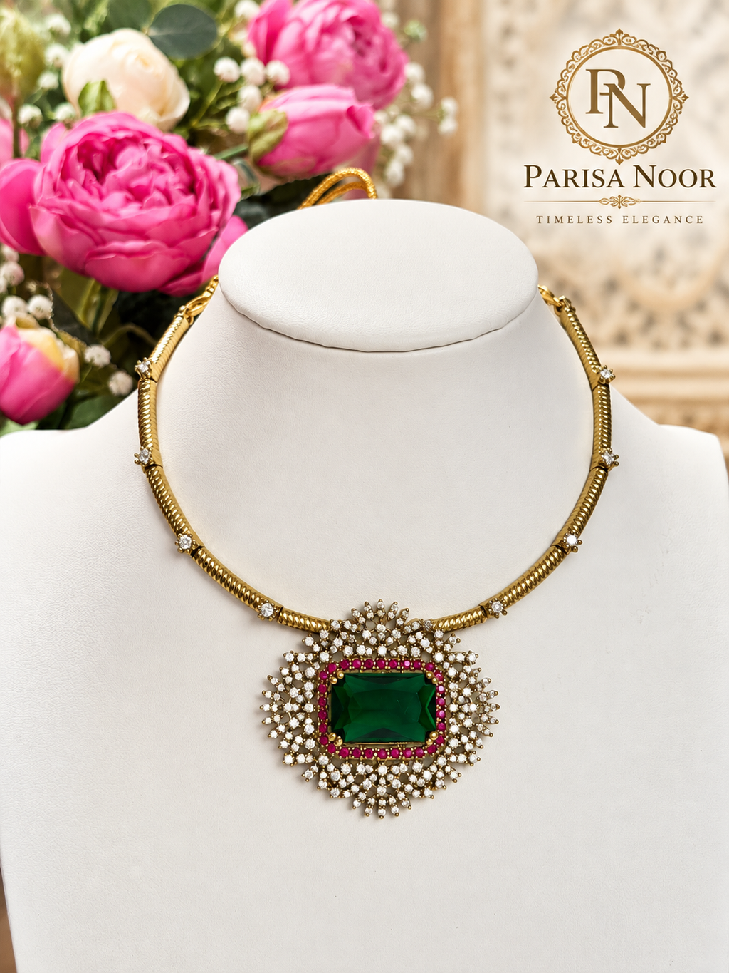 Mahira Emerald Designer Hasli Necklace Set