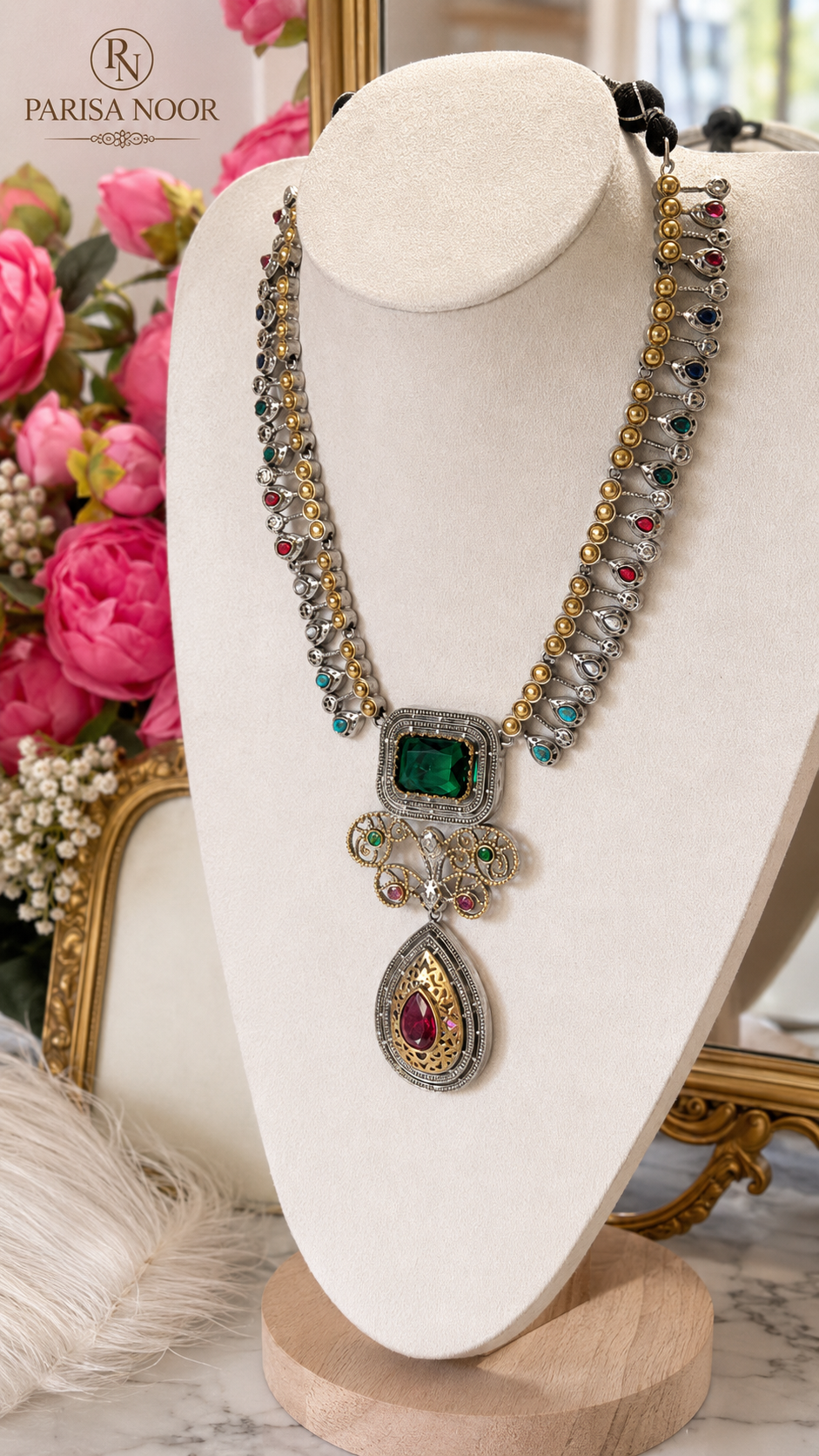Saharika Oxidised Emerald Pendant Necklace Set