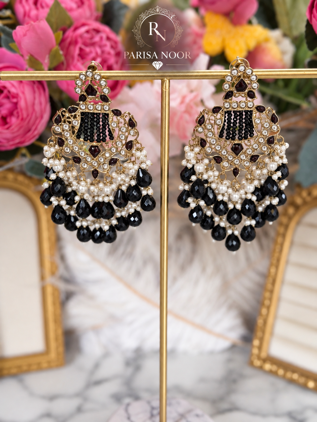 Kavira Black Kundan Pearl Chandbali Earrings