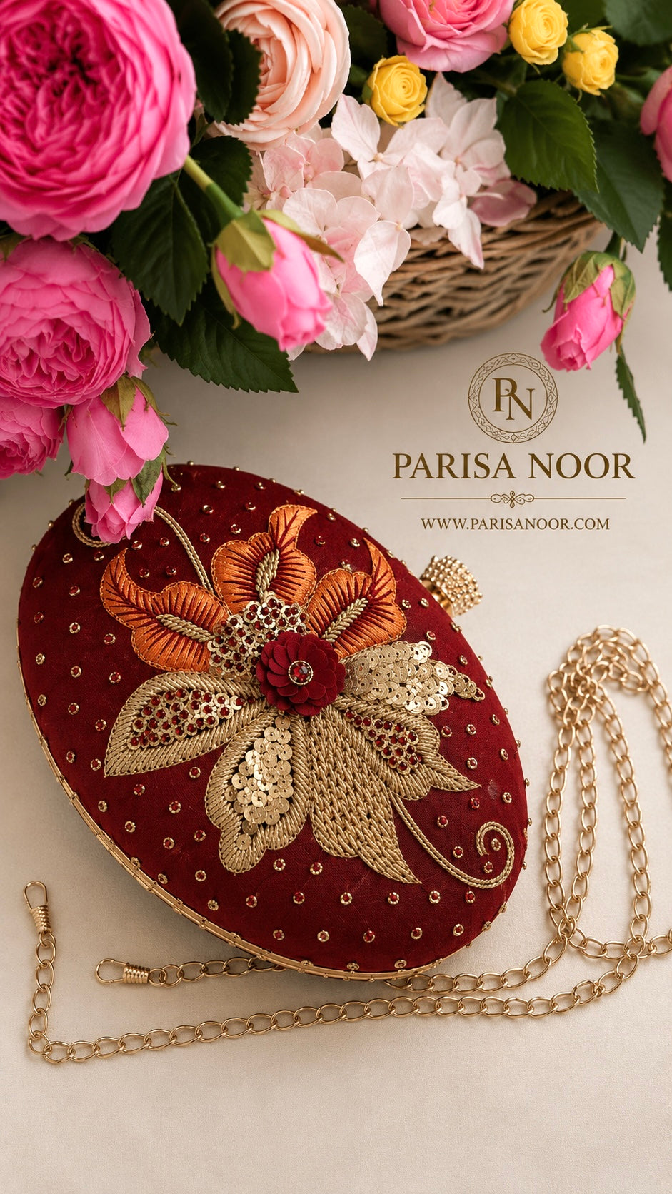 Elena Red Oval Embroidered Clutch